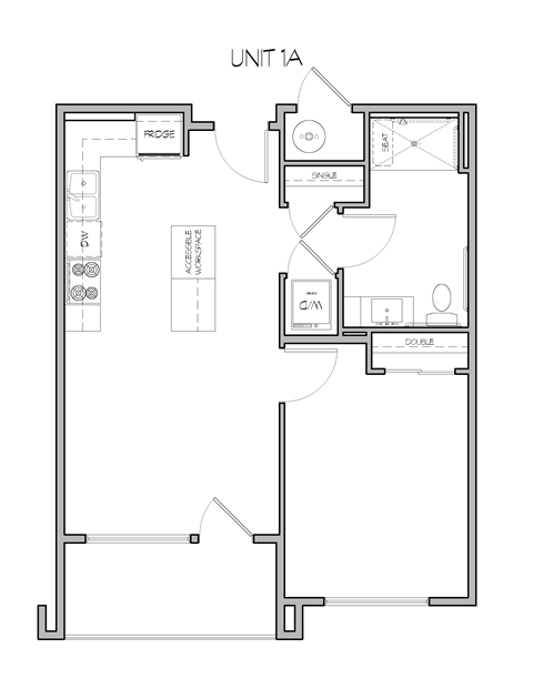 Floor plan for 1 bed, 1 bath, 634 sqft